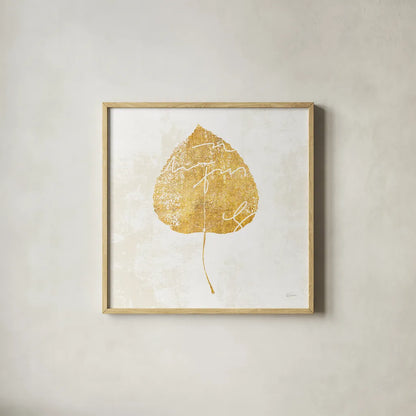 Bronzed Leaf II by Sue Schlabach. Shown in a natural wood glass frame for a timeless modern aesthetic. Available as an archival giclee rolled canvas, fine art paper, or poster print. SKU 21196a.