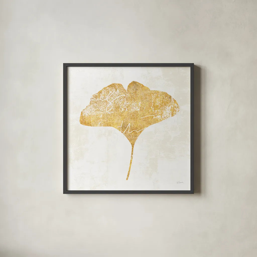 Bronzed Leaf III by Sue Schlabach. Shown in a sleek black glass frame for a contemporary gallery look. Available as an archival giclee rolled canvas, fine art paper, or poster print. SKU 21197a.