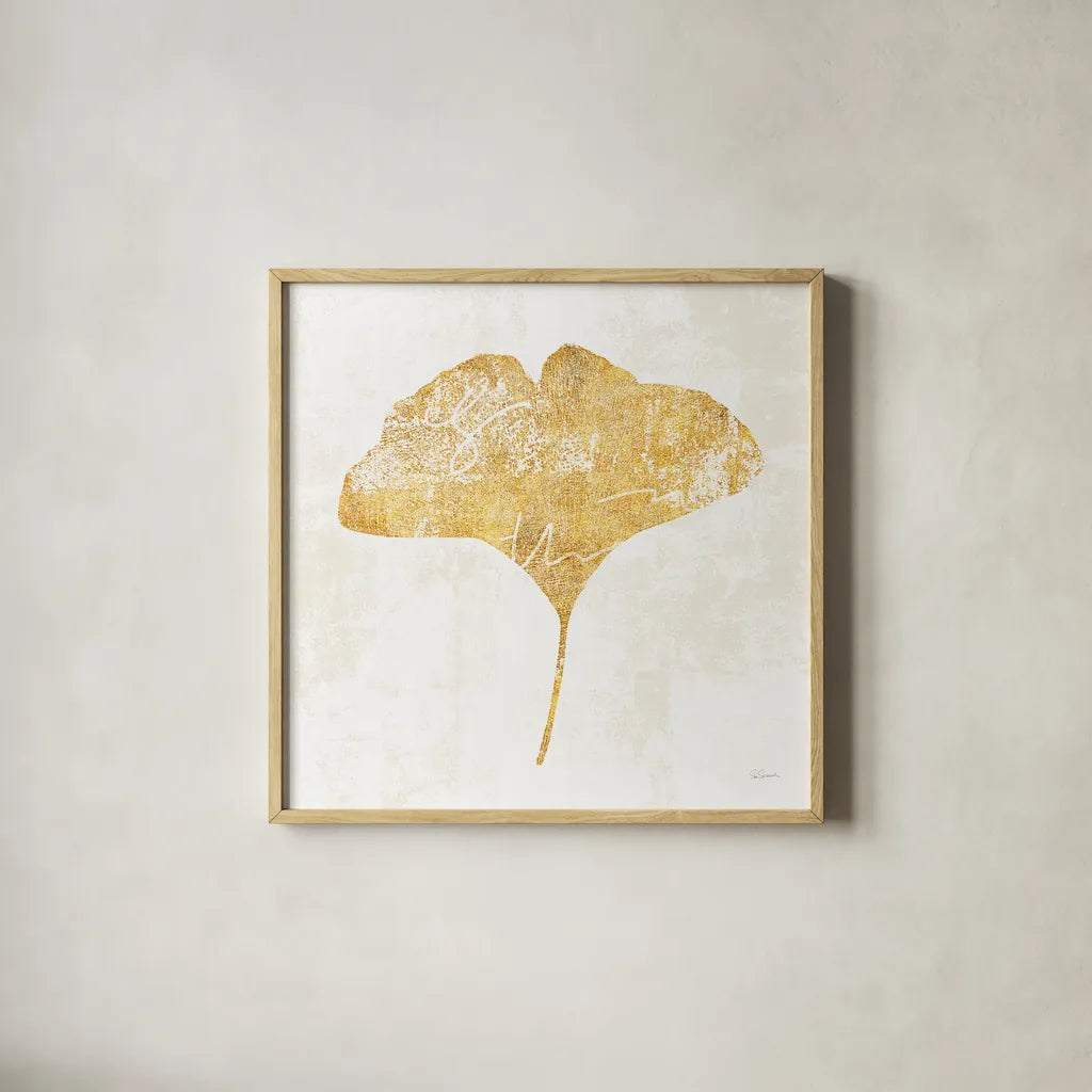 Bronzed Leaf III by Sue Schlabach. Shown in a natural wood glass frame for a timeless modern aesthetic. Available as an archival giclee rolled canvas, fine art paper, or poster print. SKU 21197a.