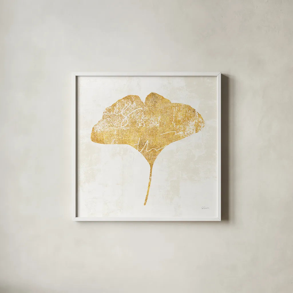 Bronzed Leaf III by Sue Schlabach. Shown in a crisp white glass frame for a clean and minimalist style. Available as an archival giclee rolled canvas, fine art paper, or poster print. SKU 21197a.