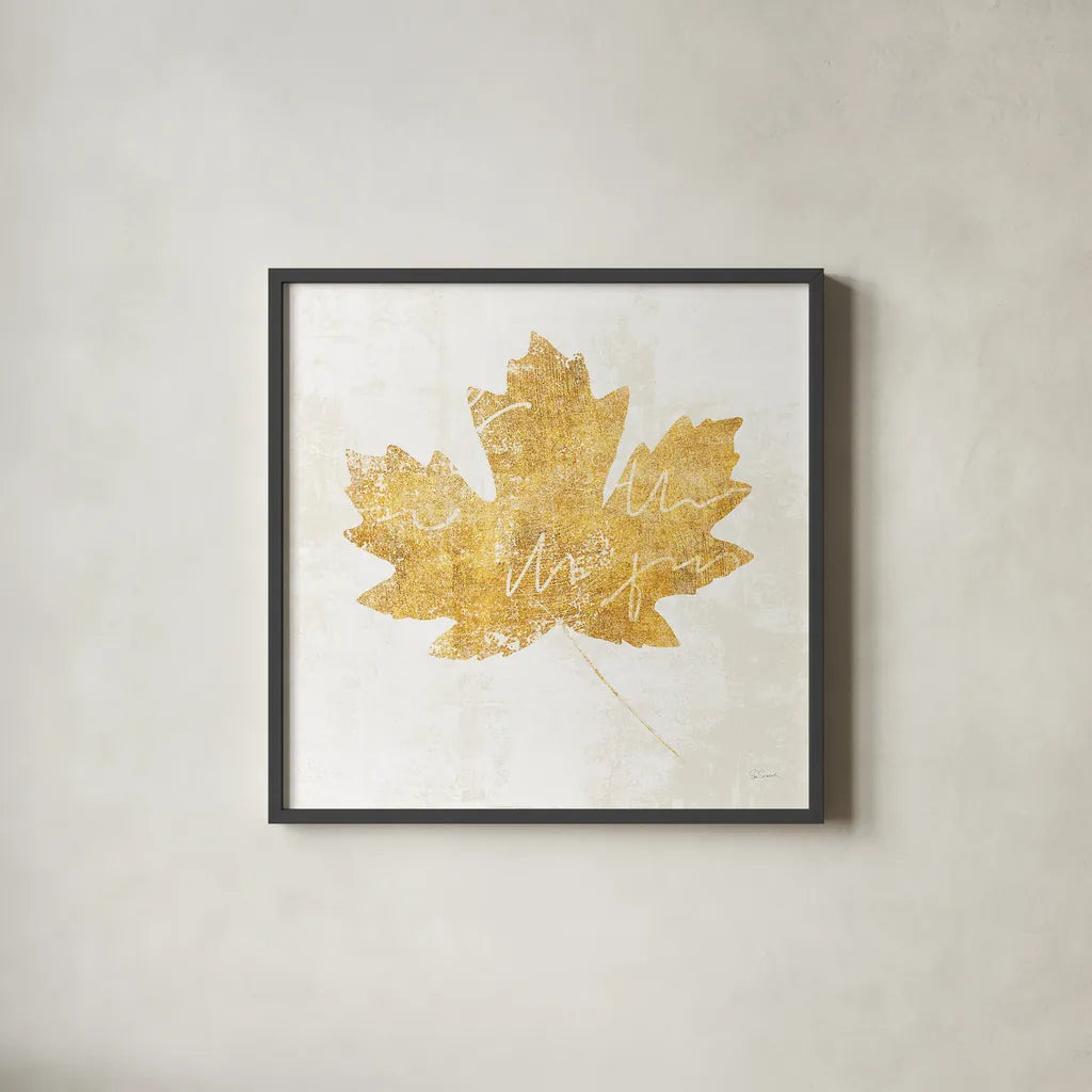 Bronzed Leaf IV by Sue Schlabach. Shown in a sleek black glass frame for a contemporary gallery look. Available as an archival giclee rolled canvas, fine art paper, or poster print. SKU 21198a.