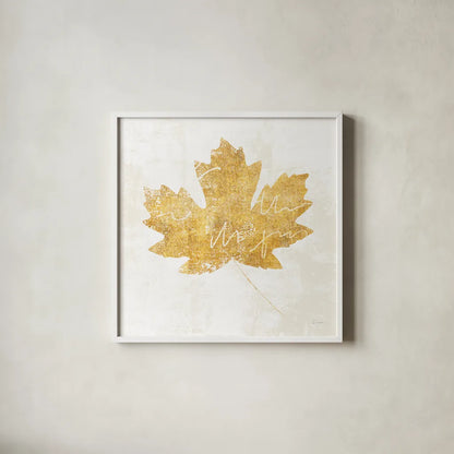 Bronzed Leaf IV by Sue Schlabach. Shown in a crisp white glass frame for a clean and minimalist style. Available as an archival giclee rolled canvas, fine art paper, or poster print. SKU 21198a.