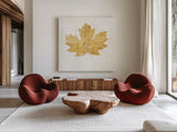 Bronzed Leaf IV by Sue Schlabach. Shown as extra-large giant wall art in a modern living room. Available as an archival giclee rolled canvas, fine art paper, or poster print. SKU 21198a.