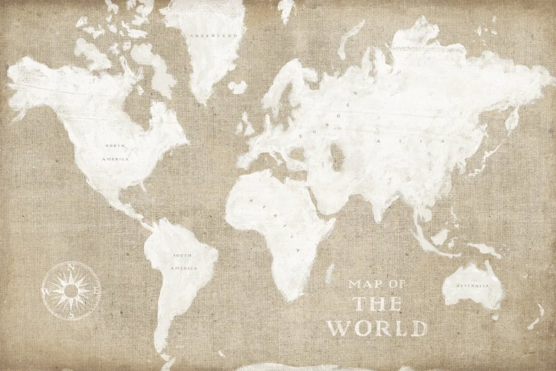 Burlap World Map I by Sue Schlabach. SKU 63160i. Archival Giclee Fine art print for wall decor.