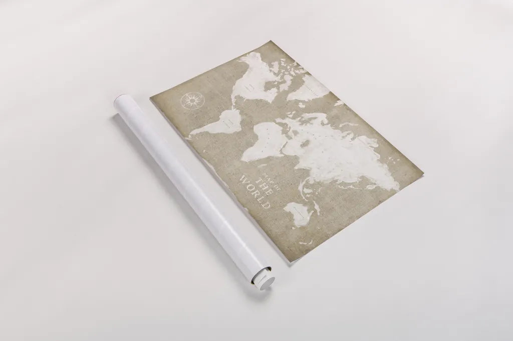 Burlap World Map I by Sue Schlabach. shown as a rolled paper print. Available as archival giclee rolled canvas, fine art paper, or poster print. SKU 63160i.