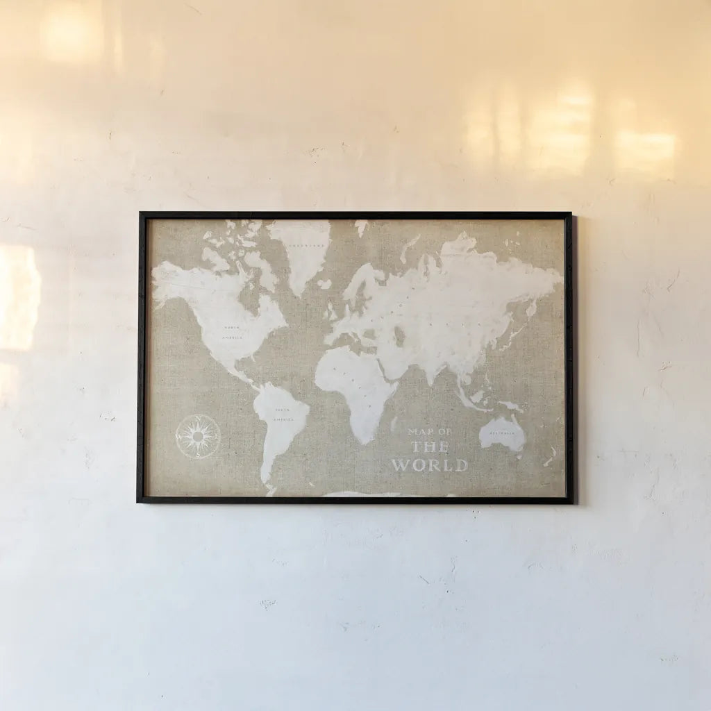 Burlap World Map I by Sue Schlabach. shown as a paper print in a black flame. Available as a archival giclee rolled canvas, fine art paper, or poster print. SKU 63160i.