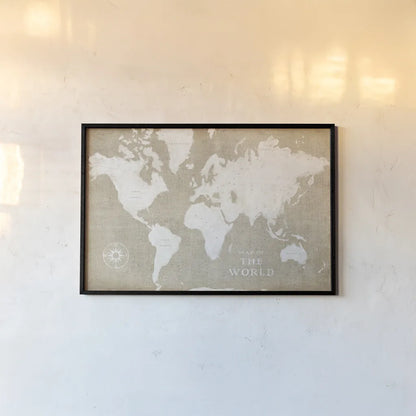 Burlap World Map I by Sue Schlabach. shown as a paper print in a black flame. Available as a archival giclee rolled canvas, fine art paper, or poster print. SKU 63160i.