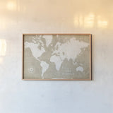Burlap World Map I by Sue Schlabach. shown as a paper print in a natural frame. Available as a archival giclee rolled canvas, fine art paper, or poster print. SKU 63160i.