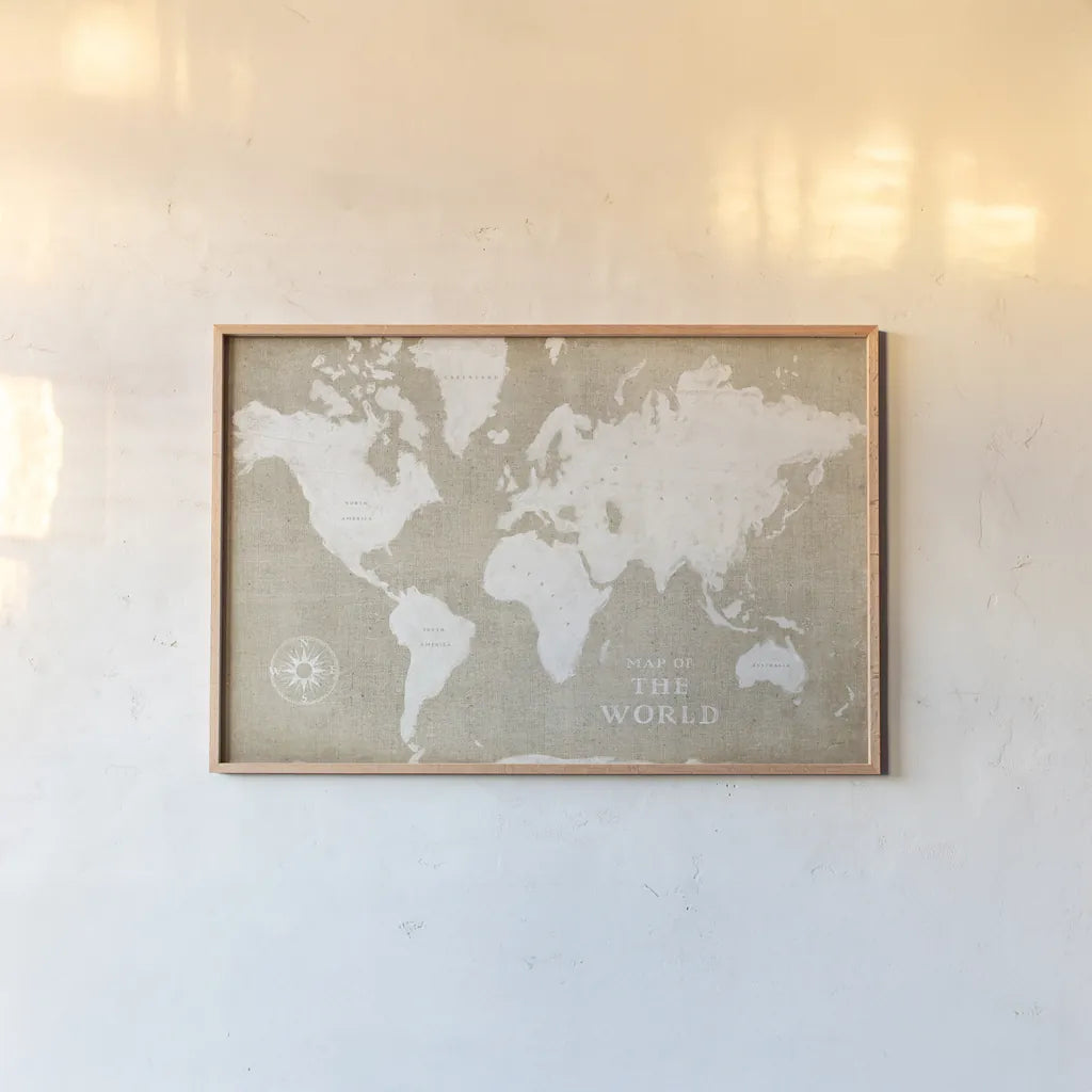 Burlap World Map I by Sue Schlabach. shown as a paper print in a natural frame. Available as a archival giclee rolled canvas, fine art paper, or poster print. SKU 63160i.