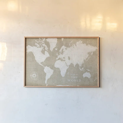 Burlap World Map I by Sue Schlabach. shown as a paper print in a natural frame. Available as a archival giclee rolled canvas, fine art paper, or poster print. SKU 63160i.
