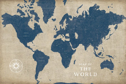 Burlap World Map I Navy by Sue Schlabach. SKU 63693i. Archival Giclee Fine art print for wall decor.