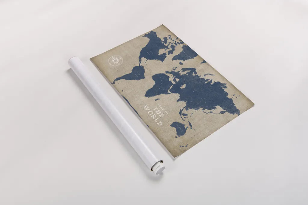 Burlap World Map I Navy by Sue Schlabach. shown as a rolled paper print. Available as archival giclee rolled canvas, fine art paper, or poster print. SKU 63693i.