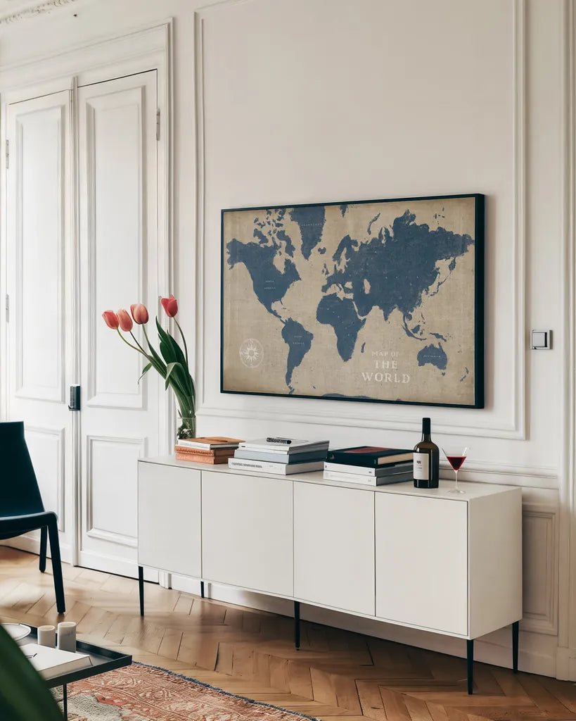 Burlap World Map I Navy by Sue Schlabach. shown as a framed stretched canvas in a living room above a console. Available as a archival giclee rolled canvas, fine art paper, or poster print. SKU 63693i.