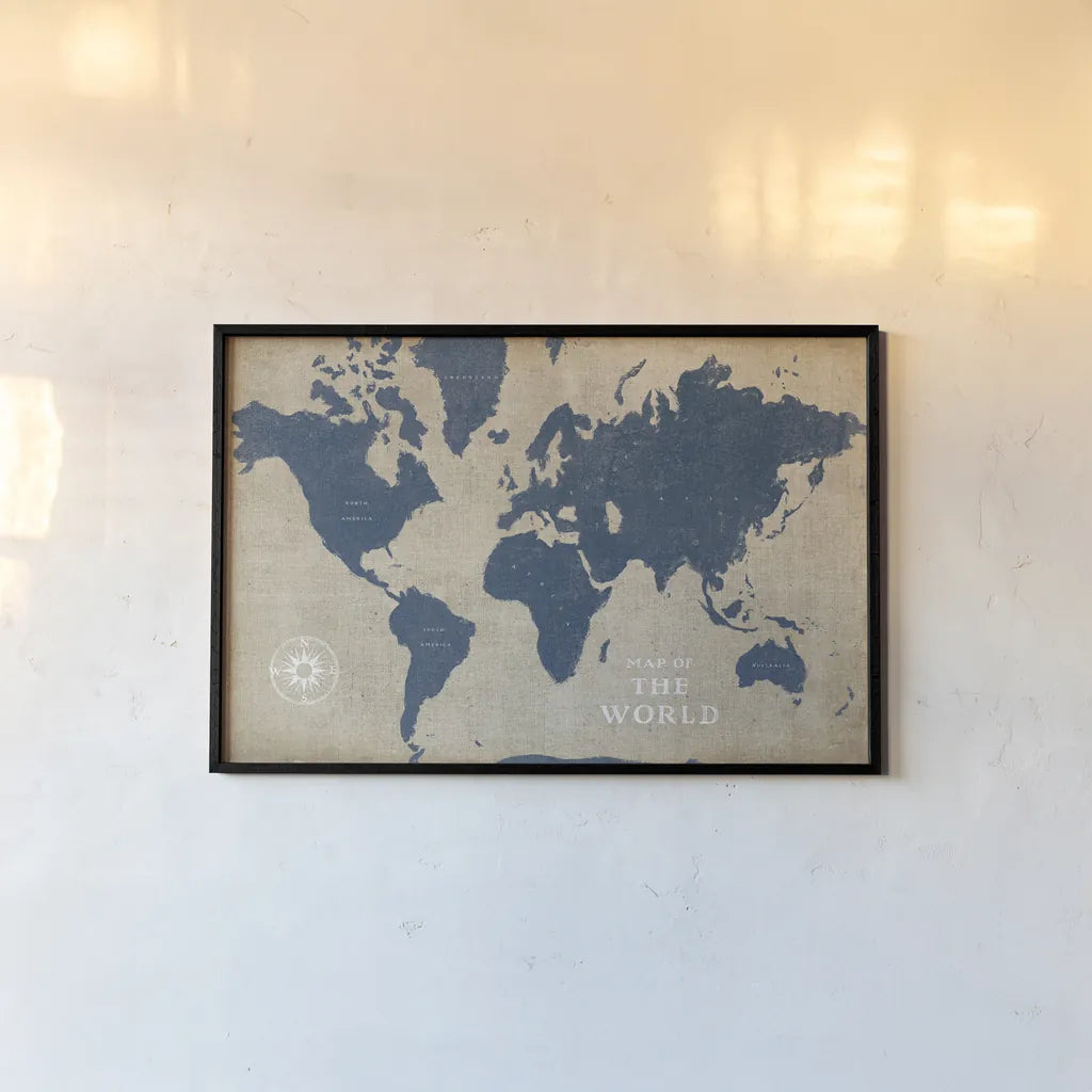 Burlap World Map I Navy by Sue Schlabach. shown as a paper print in a black flame. Available as a archival giclee rolled canvas, fine art paper, or poster print. SKU 63693i.
