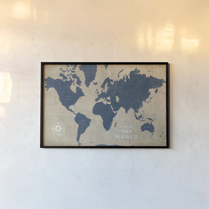 Burlap World Map I Navy by Sue Schlabach. shown as a paper print in a black flame. Available as a archival giclee rolled canvas, fine art paper, or poster print. SKU 63693i.