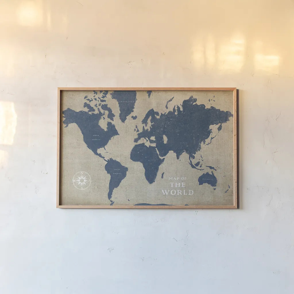 Burlap World Map I Navy by Sue Schlabach. shown as a paper print in a natural frame. Available as a archival giclee rolled canvas, fine art paper, or poster print. SKU 63693i.
