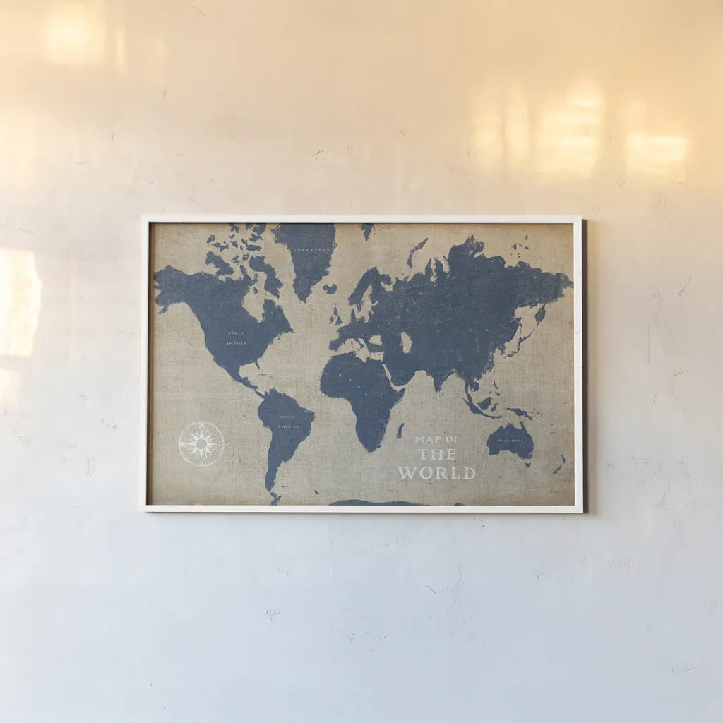 Burlap World Map I Navy by Sue Schlabach. shown as a paper print in a white frame. Available as a archival giclee rolled canvas, fine art paper, or poster print. SKU 63693i.