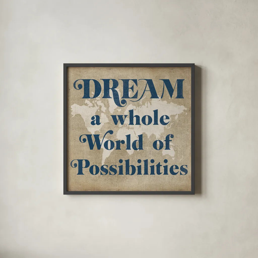 Burlap World Map II by Sue Schlabach. Shown in a sleek black glass frame for a contemporary gallery look. Available as an archival giclee rolled canvas, fine art paper, or poster print. SKU 63161a.