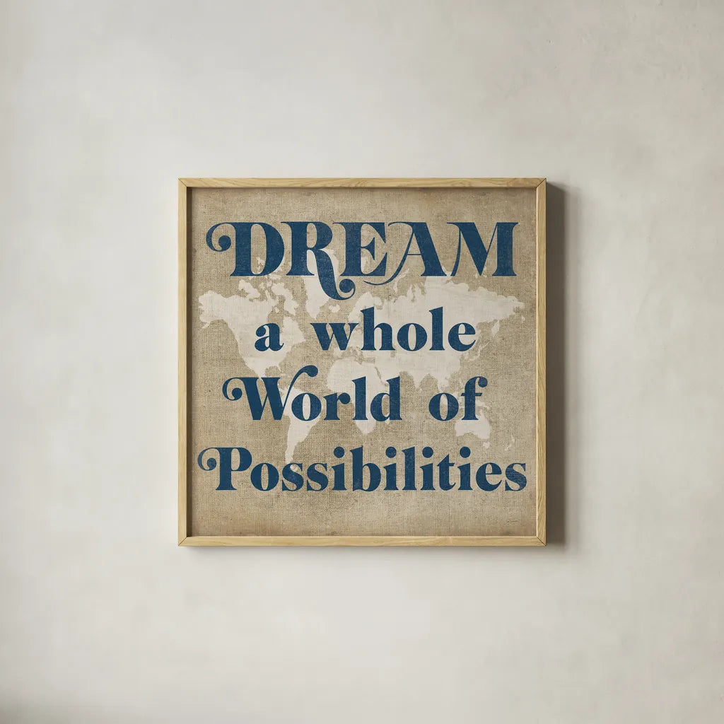 Burlap World Map II by Sue Schlabach. Shown in a natural wood glass frame for a timeless modern aesthetic. Available as an archival giclee rolled canvas, fine art paper, or poster print. SKU 63161a.