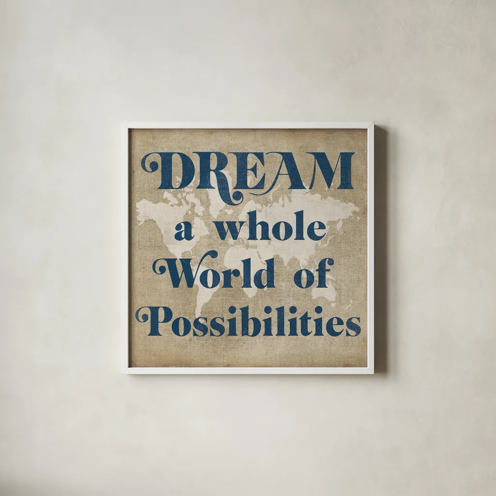 Burlap World Map II by Sue Schlabach. Shown in a crisp white glass frame for a clean and minimalist style. Available as an archival giclee rolled canvas, fine art paper, or poster print. SKU 63161a.