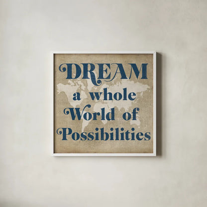 Burlap World Map II by Sue Schlabach. Shown in a crisp white glass frame for a clean and minimalist style. Available as an archival giclee rolled canvas, fine art paper, or poster print. SKU 63161a.