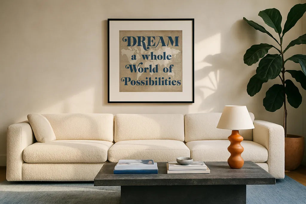 Burlap World Map II by Sue Schlabach. Displayed in a glass frame with matte in a clean modern living room. Available as an archival giclee rolled canvas, fine art paper, or poster print. SKU 63161a.