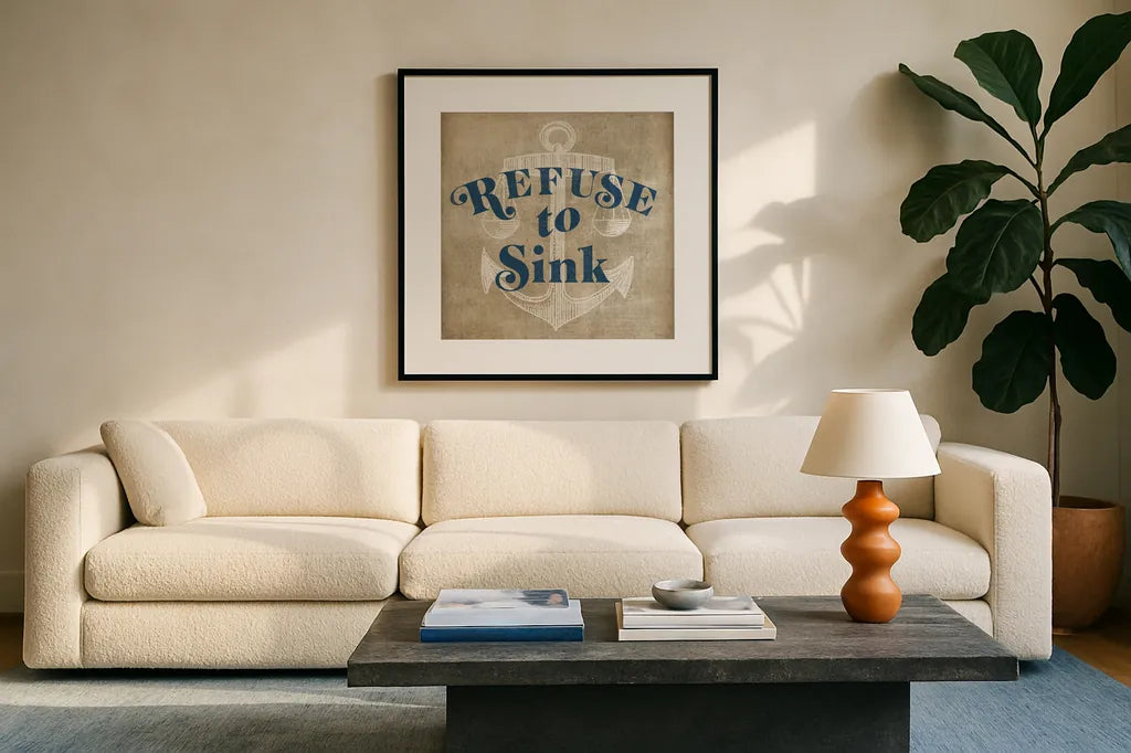 Burlap World Map IV by Sue Schlabach. Displayed in a glass frame with matte in a clean modern living room. Available as an archival giclee rolled canvas, fine art paper, or poster print. SKU 63690a.