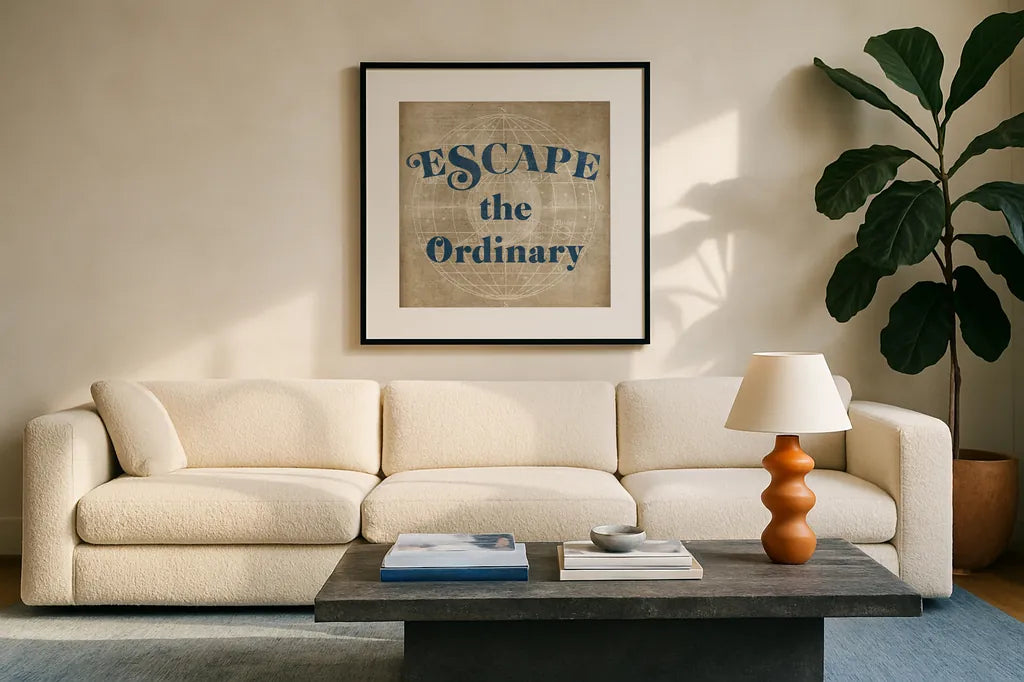 Burlap World Map V by Sue Schlabach. Displayed in a glass frame with matte in a clean modern living room. Available as an archival giclee rolled canvas, fine art paper, or poster print. SKU 63691a.
