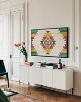 Cabin Life X by Sue Schlabach. shown as a framed stretched canvas in a living room above a console. Available as a archival giclee rolled canvas, fine art paper, or poster print. SKU 47900i.