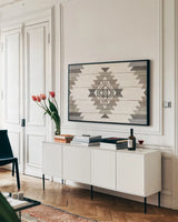 Cabin Life X Neutral by Sue Schlabach. shown as a framed stretched canvas in a living room above a console. Available as a archival giclee rolled canvas, fine art paper, or poster print. SKU 47905i.