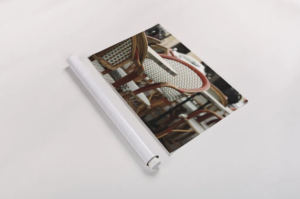 Cafe in Paris I by Sue Schlabach. shown as a rolled paper print. Available as archival giclee rolled canvas, fine art paper, or poster print. SKU 34158i.