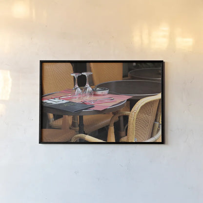 Cafe in Paris II by Sue Schlabach. shown as a paper print in a black flame. Available as a archival giclee rolled canvas, fine art paper, or poster print. SKU 34159i.
