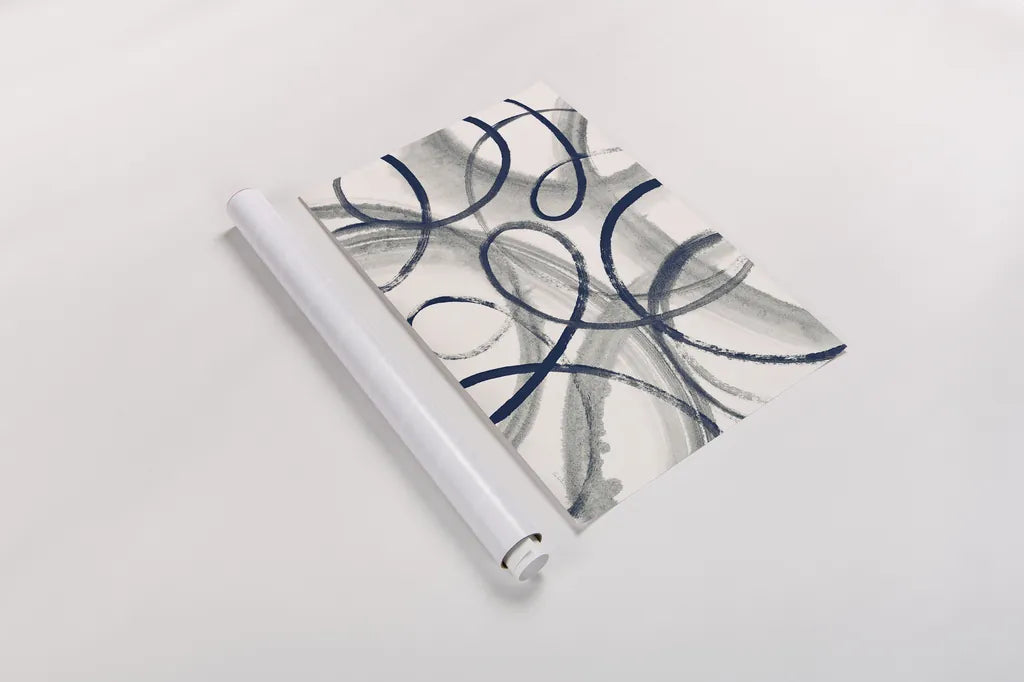 Calligraphia with Navy by Sue Schlabach. shown as a rolled paper print. Available as archival giclee rolled canvas, fine art paper, or poster print. SKU 32396i.