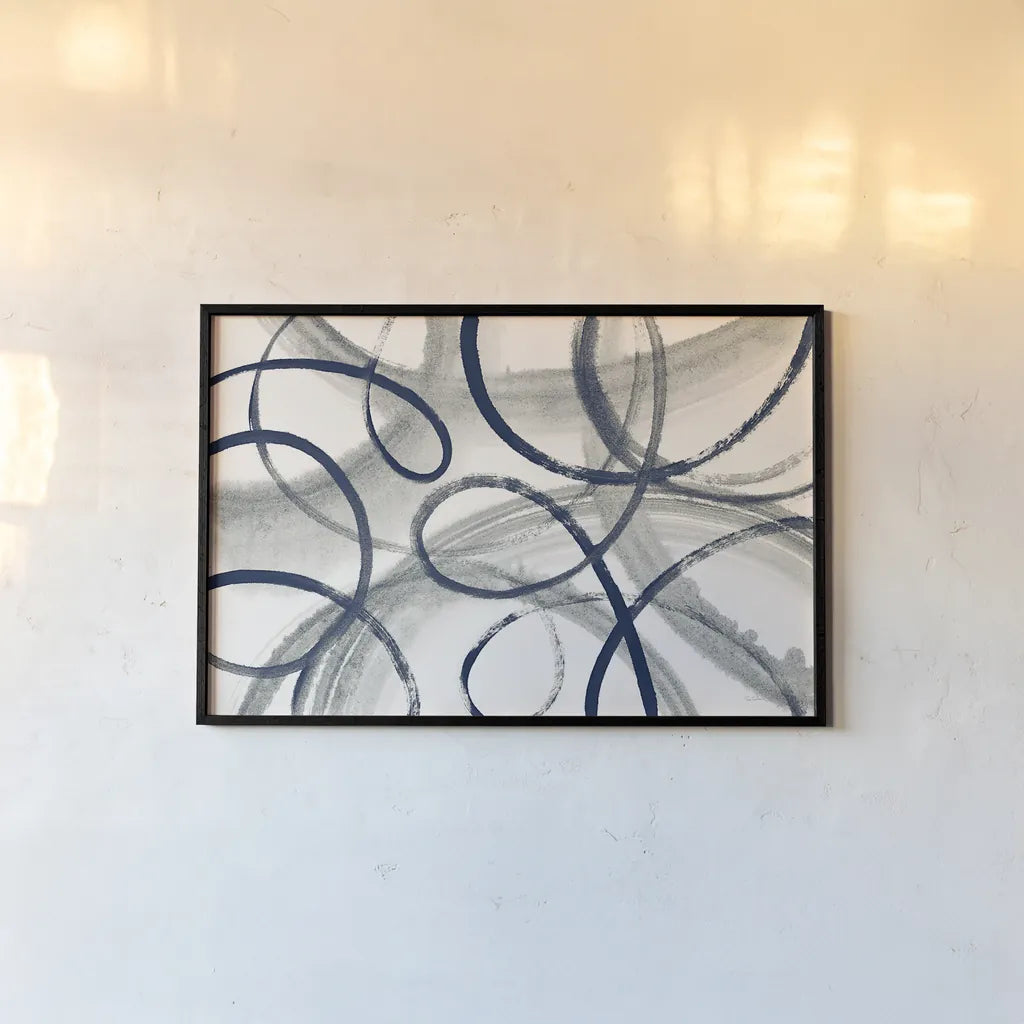 Calligraphia with Navy by Sue Schlabach. shown as a paper print in a black flame. Available as a archival giclee rolled canvas, fine art paper, or poster print. SKU 32396i.