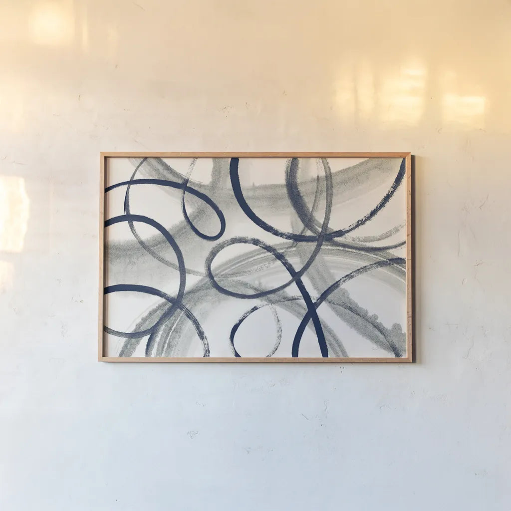 Calligraphia with Navy by Sue Schlabach. shown as a paper print in a natural frame. Available as a archival giclee rolled canvas, fine art paper, or poster print. SKU 32396i.