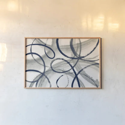 Calligraphia with Navy by Sue Schlabach. shown as a paper print in a natural frame. Available as a archival giclee rolled canvas, fine art paper, or poster print. SKU 32396i.