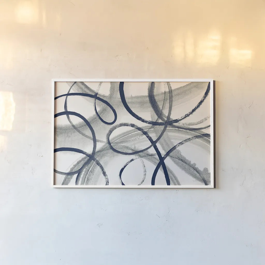 Calligraphia with Navy by Sue Schlabach. shown as a paper print in a white frame. Available as a archival giclee rolled canvas, fine art paper, or poster print. SKU 32396i.