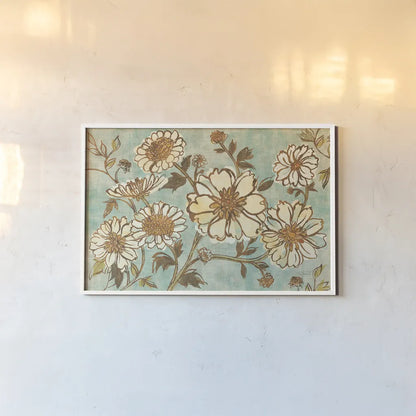 Camilles Garden I Blue by Sue Schlabach. shown as a paper print in a white frame. Available as a archival giclee rolled canvas, fine art paper, or poster print. SKU 36713i.
