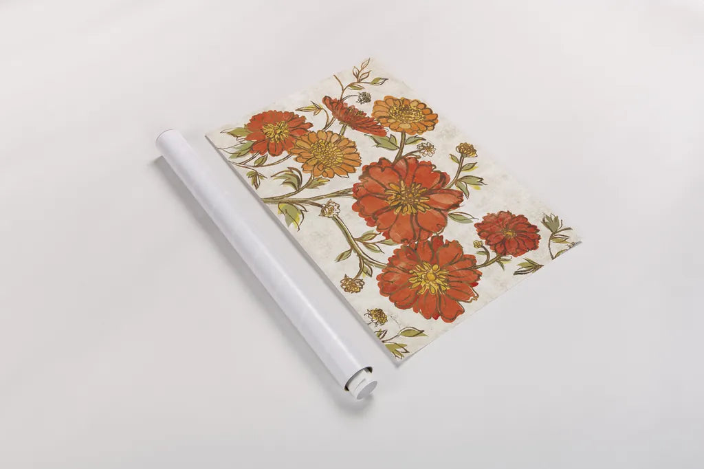 Camilles Garden I Tangerine by Sue Schlabach. shown as a rolled paper print. Available as archival giclee rolled canvas, fine art paper, or poster print. SKU 36714i.