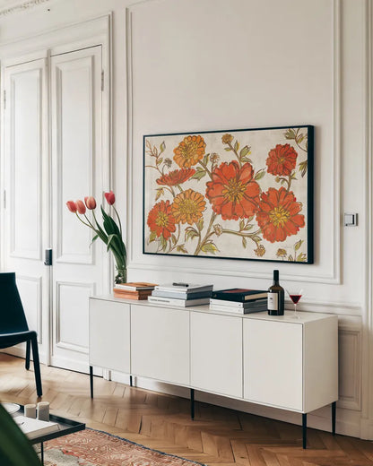 Camilles Garden I Tangerine by Sue Schlabach. shown as a framed stretched canvas in a living room above a console. Available as a archival giclee rolled canvas, fine art paper, or poster print. SKU 36714i.
