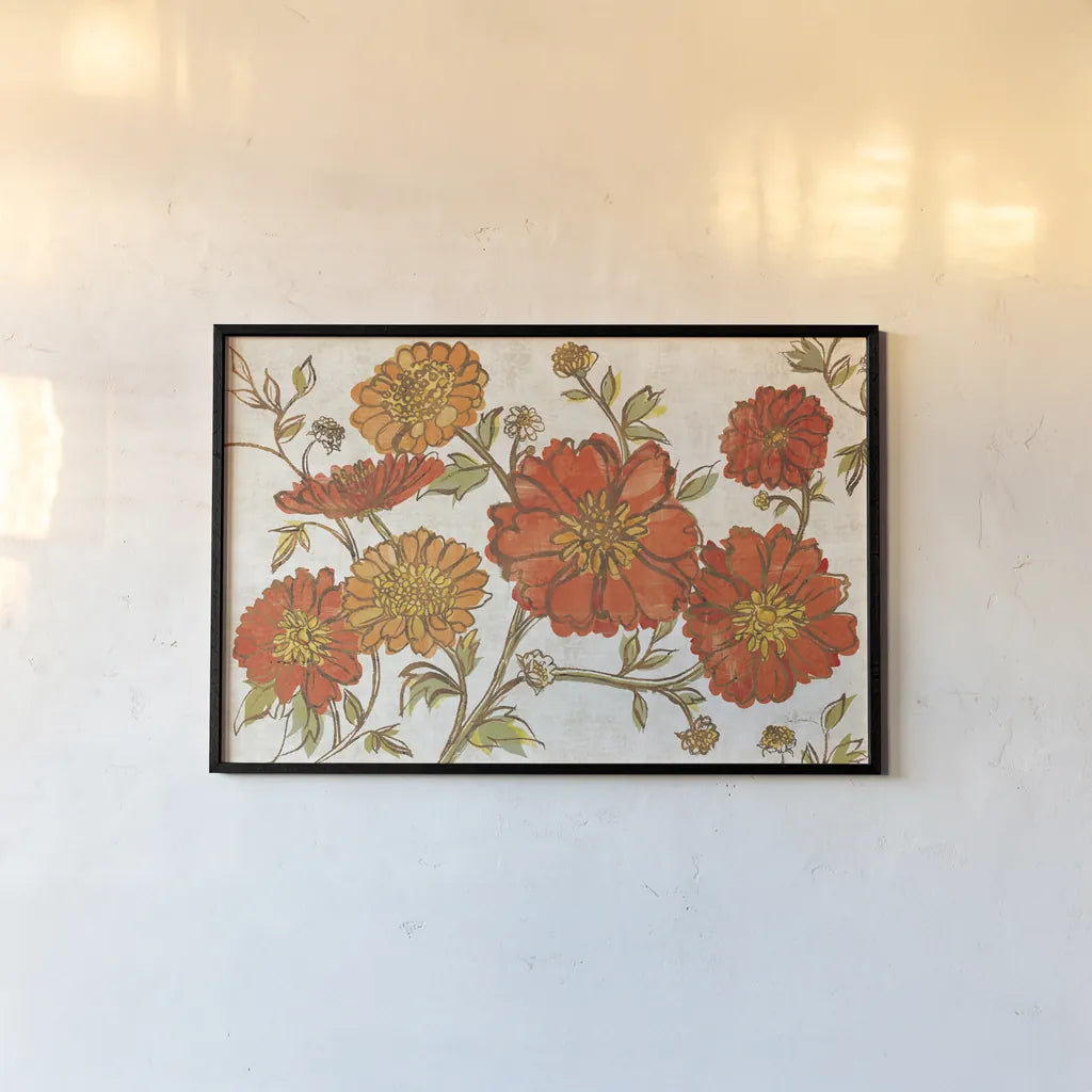 Camilles Garden I Tangerine by Sue Schlabach. shown as a paper print in a black flame. Available as a archival giclee rolled canvas, fine art paper, or poster print. SKU 36714i.