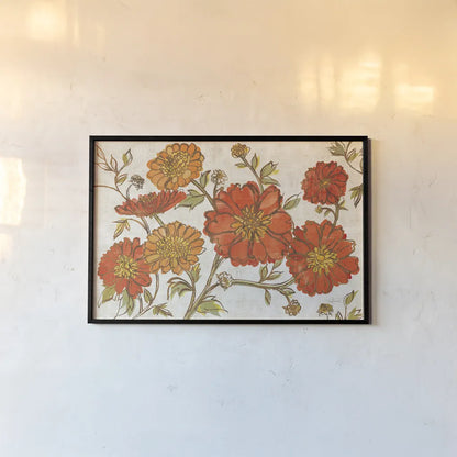 Camilles Garden I Tangerine by Sue Schlabach. shown as a paper print in a black flame. Available as a archival giclee rolled canvas, fine art paper, or poster print. SKU 36714i.