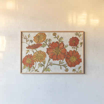 Camilles Garden I Tangerine by Sue Schlabach. shown as a paper print in a natural frame. Available as a archival giclee rolled canvas, fine art paper, or poster print. SKU 36714i.