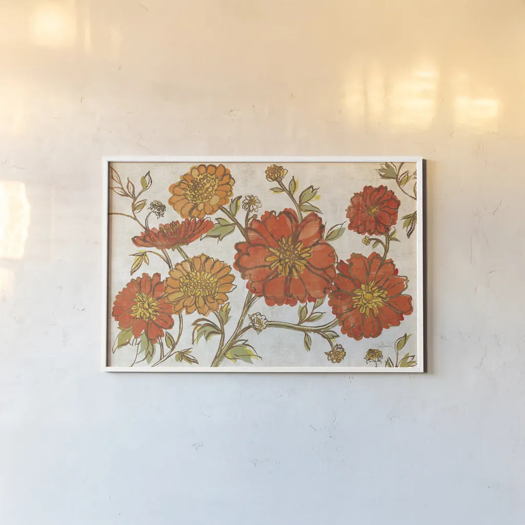 Camilles Garden I Tangerine by Sue Schlabach. shown as a paper print in a white frame. Available as a archival giclee rolled canvas, fine art paper, or poster print. SKU 36714i.