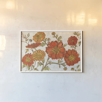 Camilles Garden I Tangerine by Sue Schlabach. shown as a paper print in a white frame. Available as a archival giclee rolled canvas, fine art paper, or poster print. SKU 36714i.