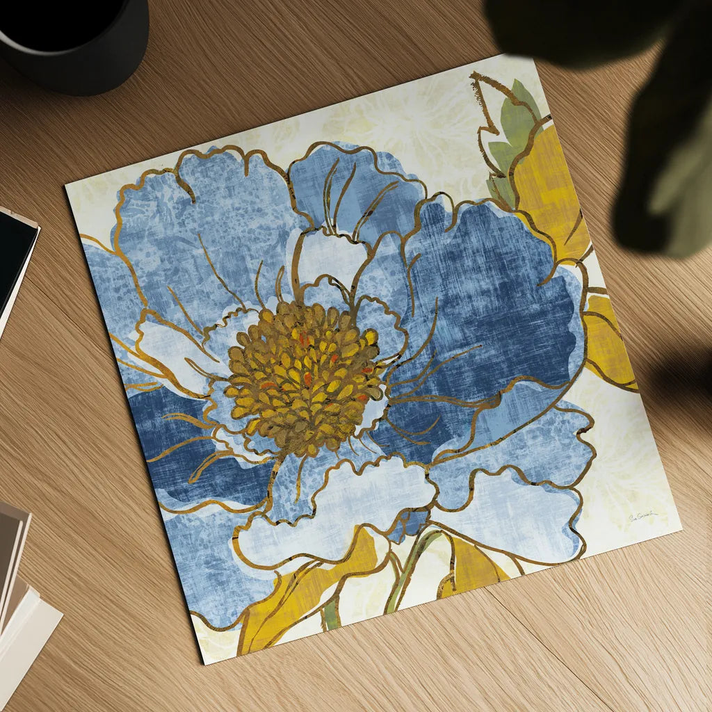 Camilles Peony I Indigo by Sue Schlabach. Shown as a detailed flat fine art print, highlighting archival giclee quality. Available as an archival giclee rolled canvas, fine art paper, or poster print. SKU 23970a.