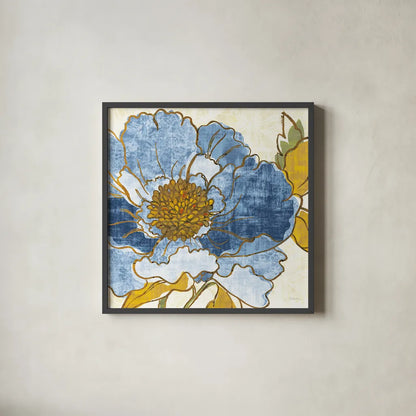 Camilles Peony I Indigo by Sue Schlabach. Shown in a sleek black glass frame for a contemporary gallery look. Available as an archival giclee rolled canvas, fine art paper, or poster print. SKU 23970a.