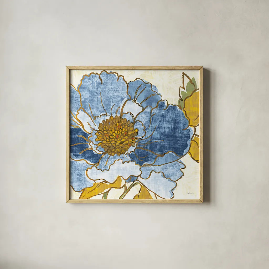 Camilles Peony I Indigo by Sue Schlabach. Shown in a natural wood glass frame for a timeless modern aesthetic. Available as an archival giclee rolled canvas, fine art paper, or poster print. SKU 23970a.