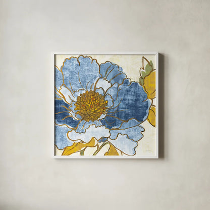 Camilles Peony I Indigo by Sue Schlabach. Shown in a crisp white glass frame for a clean and minimalist style. Available as an archival giclee rolled canvas, fine art paper, or poster print. SKU 23970a.