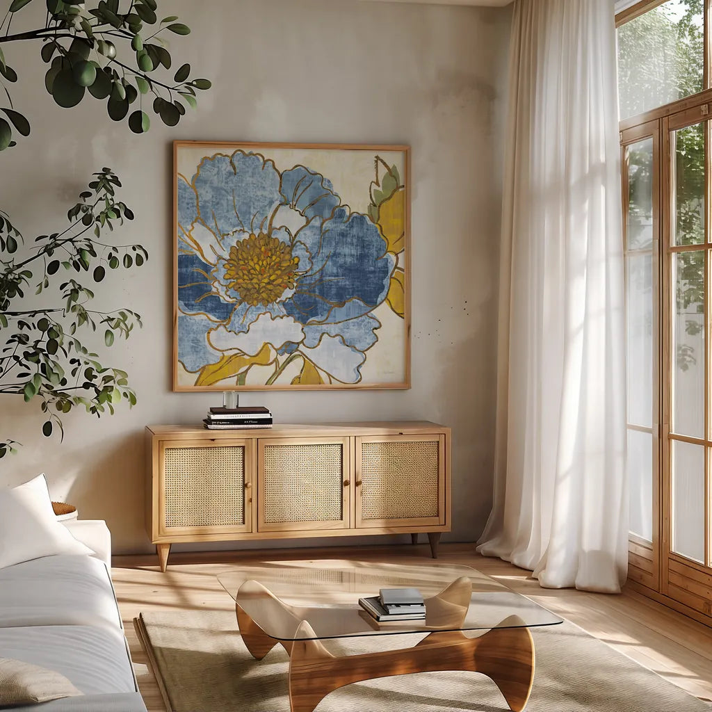 Camilles Peony I Indigo by Sue Schlabach. Shown in a natural wood frame in a cozy modern living room. Available as an archival giclee rolled canvas, fine art paper, or poster print. SKU 23970a.